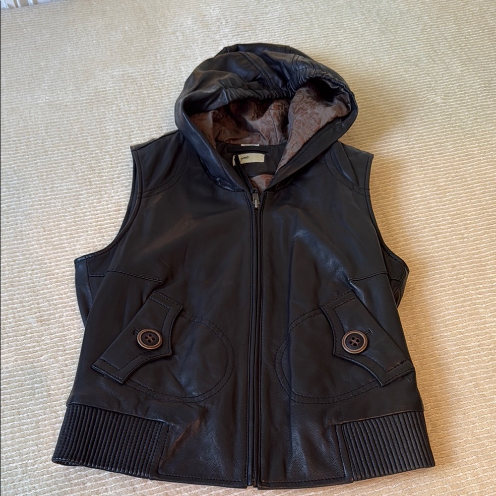 Chocolate brown Hooded Leather Vest with Button Pocket Details